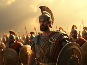 Photorealistic-image-of-Julius-Caesar-leading-Roman-soldiers-in-a-well-lit-battlefield.