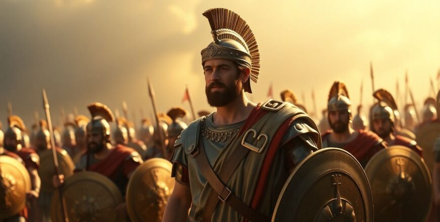 Photorealistic-image-of-Julius-Caesar-leading-Roman-soldiers-in-a-well-lit-battlefield.