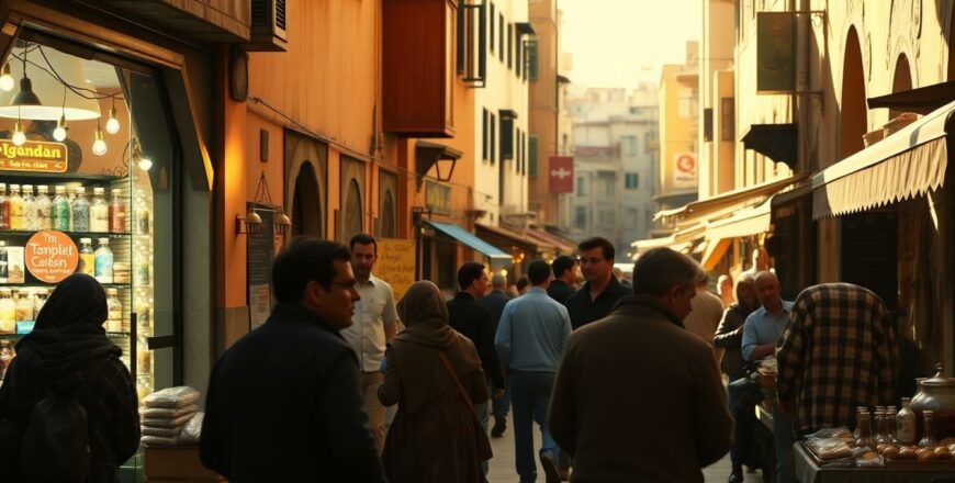 Photorealistic-image-of-a-Moroccan-street-market-with-people-conversing,-in-great-lighting.